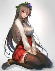 Rule 34 | 1girl, between legs, black thighhighs, blue eyes, breasts, brown hair, cosplay, flower, frills, full body, gradient background, granblue fantasy, grea (shingeki no bahamut), grea (shingeki no bahamut) (cosplay), hair between eyes, hair flower, hair ornament, hairband, hand between legs, high-waist skirt, highres, kakage, large breasts, loafers, long hair, long sleeves, looking at viewer, meme attire, open mouth, plaid, plaid skirt, pleated skirt, ribbon, rosetta (granblue fantasy), shoes, sidelocks, simple background, sitting, skirt, solo, thighhighs, underbust, very long hair, virgin killer outfit, wariza, zettai ryouiki