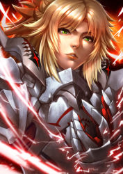 Rule 34 | 1girl, absurdres, armor, blonde hair, electricity, fate/grand order, fate (series), gauntlets, green eyes, highres, medium hair, mordred (fate), mordred (fate/apocrypha), ponytail, sekaizero, solo, spiked hair