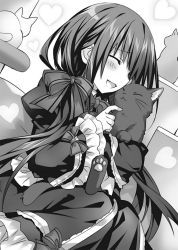 Rule 34 | 10s, 1girl, :d, black dress, black hair, bow, cat, date a live, dress, dutch angle, closed eyes, gothic lolita, greyscale, hair bow, hair over one eye, highres, lolita fashion, long hair, monochrome, novel illustration, official art, open mouth, sitting, smile, solo, striped, striped bow, tokisaki kurumi, tsunako, twintails