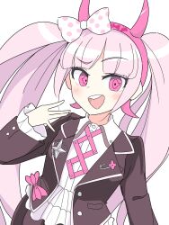 Rule 34 | 1girl, black jacket, blush, bow, child, danganronpa (series), danganronpa another episode: ultra despair girls, eyebrows, fake horns, female focus, hairband, hand up, headband, highres, horned headwear, horns, jacket, long sleeves, looking at viewer, matching hair/eyes, neck ribbon, open mouth, pink bow, pink eyes, pink hair, pink hairband, pink headband, pink headwear, pink horns, pink ribbon, polka dot, polka dot bow, ribbon, ruffled shirt, safety pin, shirt, simple background, solo, teeth, twintails, upper body, upper teeth only, utsugi kotoko, white background, white bow, white shirt