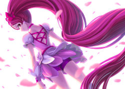 Rule 34 | 1girl, bow, choker, closed mouth, cure blossom, dutch angle, earrings, floating hair, hair bow, heartcatch precure!, jewelry, layered skirt, long hair, looking back, miniskirt, multicolored clothes, multicolored skirt, petals, pink skirt, precure, purple shorts, red bow, red choker, red eyes, red hair, short shorts, short sleeves, shorts, shorts under skirt, shrimp1634, skirt, smile, solo, standing, very long hair, white skirt, white sleeves