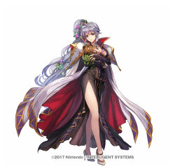 Rule 34 | 1girl, armor, book, breasts, cape, dress, electricity, fire emblem, fire emblem: genealogy of the holy war, fire emblem heroes, flower, gloves, grey hair, hair ornament, high heels, ishtar (fire emblem), jewelry, large breasts, legs, lightning, long hair, looking at viewer, magic, nijihayashi, nintendo, official alternate costume, pauldrons, purple eyes, shoulder armor, simple background, smile, solo, standing, stuffed animal, stuffed toy, very long hair