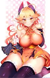 Rule 34 | 1girl, absurdres, ahoge, bare shoulders, black footwear, black gloves, blonde hair, blush, braid, breasts, bridal gauntlets, closed mouth, collarbone, curvy, dress, elbow gloves, fang, fingernails, frilled thighhighs, frills, gloves, groin, hair between eyes, hair flaps, halter dress, halterneck, hand on own chest, highres, horns, indie virtual youtuber, kuzu kow, large breasts, long hair, looking at viewer, low ponytail, nail polish, no panties, orange dress, pointy ears, short eyebrows, sideboob, sitting, skin fang, skin tight, smile, solo, thick eyebrows, thighhighs, twin braids, virtual youtuber, yuno kisen