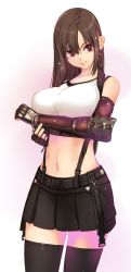 Rule 34 | &gt;:), 1girl, arm guards, bare shoulders, belt, black gloves, black skirt, black thighhighs, breasts, brown hair, closed mouth, collarbone, commentary request, cowboy shot, crop top, earrings, elbow gloves, final fantasy, final fantasy vii, final fantasy vii remake, gloves, gradient background, jewelry, kirishima satoshi, large breasts, long hair, miniskirt, navel, purple background, red eyes, skirt, sleeveless, smile, solo, stomach, suspender skirt, suspenders, thighhighs, tifa lockhart, very long hair, zettai ryouiki