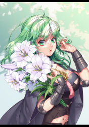 Rule 34 | 1girl, ahoge, armor, black armor, black cape, black shirt, black shorts, breasts, byleth (female) (fire emblem), byleth (fire emblem), cape, cleavage, clothing cutout, commentary request, elbow pads, fire emblem, fire emblem: three houses, flower, flower request, green background, green eyes, green hair, groin, hair between eyes, hand up, highres, holding, holding flower, holding hair, large breasts, letterboxed, lily (flower), long hair, looking at viewer, navel, navel cutout, nintendo, parted lips, shirt, shorts, sidelocks, solo, standing, suzuhiro, upper body, vambraces