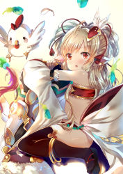 Rule 34 | 10s, 1girl, :o, absurdres, bandeau, bird, black thighhighs, blonde hair, blurry, blush, chestnut mouth, chicken, chinese zodiac, clog sandals, crop top, depth of field, detached sleeves, feathers, from side, granblue fantasy, hair ornament, harvin, highres, long hair, looking at viewer, looking back, mahira (granblue fantasy), open mouth, petite, red eyes, sitting, solo, teeth, thighhighs, thighs, wariza, wide sleeves, xephonia, year of the rooster
