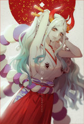 Rule 34 | 1girl, adjusting hair, breasts, cleavage, dywx poison, green hair, hakama, hakama skirt, horns, japanese clothes, large breasts, long hair, mouth hold, multicolored hair, one piece, oni horns, pale skin, red hakama, rope, shimenawa, sideboob, silver hair, skirt, solo, two-tone hair, very long hair, yamato (one piece), yellow eyes