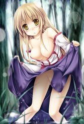 Rule 34 | 1girl, :o, arc the lad, arc the lad ii, bare shoulders, breasts, brown eyes, brown hair, cleavage, forest, kai yuuki, lieza (arc the lad), long hair, nature, no panties, solo, tree, water
