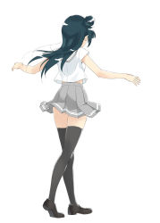 Rule 34 | 10s, 1girl, ass, black hair, black thighhighs, clothes lift, from behind, hair bun, kani biimu, loafers, long hair, love live!, love live! sunshine!!, midriff peek, outstretched arms, pleated skirt, school uniform, serafuku, shoes, short sleeves, side bun, simple background, single side bun, skirt, solo, spread arms, standing, thighhighs, tsushima yoshiko, white background