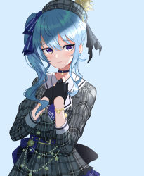Rule 34 | 1girl, absurdres, aqua hair, blue eyes, commentary, crown, dress, earrings, gloves, grey hat, hands on own chest, hat, highres, hololive, hoshimachi suisei, hoshimachi suisei (1st costume), jewelry, partially fingerless gloves, plaid, plaid dress, plaid headwear, side ponytail, solo, star (symbol), star earrings, star in eye, symbol in eye, tagosaku (tatsukiuma0329), tilted headwear, virtual youtuber