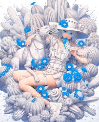 Rule 34 | 1girl, absurdres, bandaid, bandaid on arm, bandaid on hand, bandaid on leg, biting, blue eyes, blue flower, blue hair, blue nails, braid, cactus, chain, chain leash, chained, dog, dress, eating, flower, food, full body, harness, hat, hat flower, highres, holding, holding food, holding leash, ice cream, leash, minami (minami373916), multicolored hair, muzzle, nail polish, original, pinky out, popsicle, shoes, single braid, smile, solo, sun hat, two-tone hair, white dog, white dress, white footwear, white hair