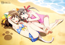 Rule 34 | 10s, 2girls, absurdres, akiyama yukiko, animal ears, barefoot, beach, brown hair, casual one-piece swimsuit, dirty, dirty feet, etotama, feet, feet together, frilled swimsuit, frills, highres, lying, megami magazine, multiple girls, non-web source, nyaa-tan, official art, on back, on side, one-piece swimsuit, paw pose, soles, swimsuit, toes, uri-tan, watanabe akio, water