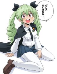 Rule 34 | 1girl, anchovy (girls und panzer), anzio school uniform, aono3, belt, black belt, black cape, black necktie, black ribbon, black skirt, cape, commentary request, dress shirt, drill hair, emblem, girls und panzer, green hair, hair ribbon, highres, long hair, long sleeves, looking at viewer, miniskirt, necktie, open mouth, pantyhose, pleated skirt, red eyes, ribbon, school uniform, shadow, shirt, simple background, sitting, skirt, smile, solo, translated, twin drills, twintails, wariza, white background, white pantyhose, white shirt