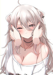 Rule 34 | 1girl, :t, ahoge, animal ears, black choker, blush, breasts, cheek squash, choker, cleavage, closed mouth, commentary, disembodied hand, ear piercing, grey eyes, grey hair, hair between eyes, half-closed eye, hand in another&#039;s hair, highres, hololive, jewelry, large breasts, lion ears, long hair, looking at viewer, necklace, nerorigogo, no bra, off shoulder, official alternate costume, piercing, shirt, shishiro botan, shishiro botan (casual), simple background, single bare shoulder, solo focus, upper body, virtual youtuber, white background, white shirt