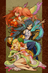 Rule 34 | 3girls, barefoot, blonde hair, blue hair, breasts, china dress, chinese clothes, cleavage, cleavage cutout, clothing cutout, dragon, dress, fins, gauntlets, green eyes, grin, head fins, highres, karin (p&amp;d), leilan (p&amp;d), leiran (p&amp;d), long hair, medium breasts, meimei (p&amp;d), multicolored wings, multiple girls, one eye closed, puzzle &amp; dragons, red hair, smile, snake, tasuku (bixbite), turtle shell, twintails, wings, wink