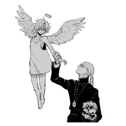 Rule 34 | 2boys, aged down, angel, angel wings, bare shoulders, black nails, black shirt, blonde hair, child, daybit sem void, dress, fate/grand order, fate (series), hair over one eye, halo, holding, holding another&#039;s wrist, holding skull, jewelry, long hair, long sleeves, looking at another, medallion, multiple boys, nail polish, necklace, nobicco, ponytail, profile, shirt, short hair, simple background, skull, sleeveless, sunglasses, tezcatlipoca (fate), white background, wings