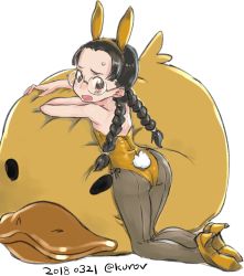 Rule 34 | 10s, 1girl, abaratani kurou, animal ears, ass, bird, black hair, blush stickers, braid, brown eyes, commentary, dated, duck, duck head, fake animal ears, fake tail, from behind, frown, fukuda haru, full body, girls und panzer, glasses, high heels, highres, kneeling, leotard, long hair, looking at viewer, looking back, one-hour drawing challenge, open mouth, pantyhose, playboy bunny, rabbit ears, rabbit tail, round eyewear, side-tie leotard, solo, strapless, strapless leotard, sweatdrop, tail, twin braids, twintails, twitter username, yellow footwear, yellow leotard
