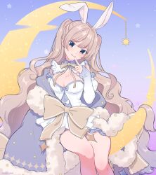 Rule 34 | 1girl, animal ears, blonde hair, blue eyes, bow, breasts, cleavage, commentary request, crescent moon, detached sleeves, fake animal ears, finger to mouth, fur trim, highres, large breasts, long hair, medium breasts, moon, mugimugigo, nijisanji, nijisanji kr, rabbit ears, sitting, so nagi, solo, very long hair, virtual youtuber, yellow bow