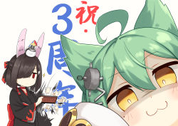Rule 34 | 2girls, :3, abacus, afterimage, ahoge, akashi (azur lane), animal ears, anniversary, azur lane, bad id, bad pixiv id, black hair, black kimono, blunt bangs, blush, cat ears, choker, commentary request, cowboy shot, dress, fake animal ears, flame print, green hair, hair between eyes, hair ornament, hair over one eye, hair ribbon, half updo, highres, holding abacus, japanese clothes, jitome, kimono, kin&#039;iro dojo, long hair, long sleeves, looking at viewer, mole, mole under eye, multiple girls, rabbit ears, red choker, red eyes, ribbon, shaded face, shiranui (azur lane), short hair, sidelocks, simple background, sleeves past fingers, sleeves past wrists, smile, sparkle, standing, translation request, upper body, white background, white dress, wide sleeves, yellow eyes
