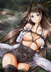Rule 34 | 10s, 1girl, ahoge, arms behind back, bdsm, black thighhighs, bondage, bound, breasts, brown hair, cleave gag, clenched teeth, cloth gag, collarbone, double bun, gag, gagged, hair bun, headgear, high-waist skirt, highres, improvised gag, kantai collection, kongou (kancolle), kuria (clear trip second), large breasts, long hair, lying, nontraditional miko, on back, purple eyes, restrained, saliva, shibari, shiny skin, skirt, solo, sweat, tears, teeth, thighhighs, very long hair