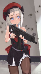 Rule 34 | 1girl, beret, black bow, black pantyhose, blue eyes, bow, closed mouth, dress, girls&#039; frontline, gun, h&amp;k mp5, hair bow, hat, highres, holding, holding weapon, jamgom, long hair, looking away, mp5 (girls&#039; frontline), pantyhose, silver hair, simple background, solo, standing, submachine gun, weapon
