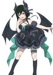 1girl bat_wings black_bow black_dress black_horns black_socks black_wings bob_cut bow breasts choker cleavage collarbone commentary_request demon_girl demon_horns demon_wings dress frilled_dress frilled_sleeves frills green_choker green_hair hair_bow halterneck highres horns legs_apart love_live! love_live!_nijigasaki_high_school_idol_club makotti medium_breasts medium_hair mifune_shioriko no_shoes off-shoulder_dress off_shoulder orange_eyes puffy_short_sleeves puffy_sleeves short_dress short_sleeves socks solo standing thigh_strap wings