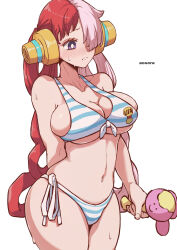 Rule 34 | 1girl, :&lt;, adjusting clothes, adjusting swimsuit, aosora2823, bikini, blue bikini, blush, breasts, breasts squeezed together, cleavage, food, hair over one eye, hair rings, highres, holding, holding food, large breasts, long hair, multicolored hair, mushroom, one piece, phallic symbol, purple eyes, red hair, solo, standing, striped bikini, striped clothes, sweat, swimsuit, thong, thong bikini, two-tone hair, uta (one piece), very long hair, white background, white bikini, white hair, wide hips