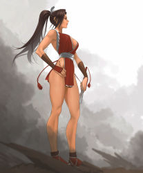 Rule 34 | 1girl, aconitea, armpits, bad id, bad pixiv id, breasts, brown eyes, brown hair, cleavage, folded fan, fatal fury, folding fan, hand fan, hand on own hip, highres, hip focus, japanese clothes, knees, large breasts, legs, long hair, looking away, no panties, open mouth, pelvic curtain, ponytail, profile, revealing clothes, shiranui mai, snk, socks, solo, standing, the king of fighters, thighs