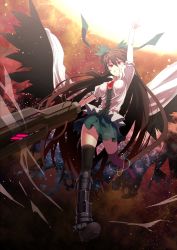 Rule 34 | 1girl, alternate weapon, arm cannon, arm up, bad id, bad pixiv id, bow, brown hair, cape, female focus, hair bow, kikugetsu, long hair, looking at viewer, red eyes, reiuji utsuho, skirt, smile, solo, thighhighs, touhou, weapon, wings
