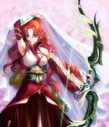 Rule 34 | 1girl, arm up, armpits, arrow (projectile), bow (weapon), detached sleeves, elf, flower, long hair, original, petals, pointy ears, purple eyes, quiver, red hair, serious, solo, st.microscope, wavy hair, weapon