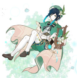 Rule 34 | 1boy, absurdres, androgynous, argyle, argyle clothes, argyle legwear, beret, black hair, blue hair, bow, braid, brooch, cape, closed mouth, collared cape, corset, feathers, flower, frilled sleeves, frills, full body, gem, genshin impact, gradient hair, green eyes, green hat, green shorts, hat, hat flower, highres, holding, holding instrument, instrument, jewelry, leaf, long sleeves, lyre, male focus, multicolored hair, pantyhose, shirt, shoes, short hair with long locks, shorts, simple background, smile, solo, syouyubin, tree, twin braids, venti (genshin impact), vision (genshin impact), white background, white flower, white pantyhose, white shirt