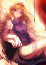 Rule 34 | 1girl, alice margatroid, alternate costume, arm rest, blonde hair, brown hair, chair, elbow gloves, face, female focus, flower, garter straps, gloves, hair flower, hair ornament, kousetsu (jiangxue), lace, lace-trimmed legwear, lace trim, panties, purple eyes, short hair, side-tie panties, signature, sitting, solo, thighhighs, touhou, underwear, white gloves, white thighhighs