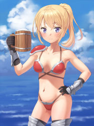 Rule 34 | 1girl, alcohol, armor, beer, bikini armor, black gloves, blonde hair, blue sky, blush, breasts, closed mouth, cloud, commentary request, cup, day, gauntlets, gloves, hand on own hip, highres, holding, holding cup, looking at viewer, medium breasts, meow (nekodenki), navel, ocean, original, outdoors, ponytail, short hair, sky, smile, solo