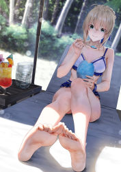 Rule 34 | 1girl, ahoge, alternate costume, artoria pendragon (fate), artoria pendragon (swimsuit archer) (fate), barefoot, beach, beach chair, blonde hair, bowl, braid, breasts, closed mouth, commentary request, duplicate, fate/grand order, fate (series), feet, food, foot focus, full body, glass bowl, green eyes, highres, legs, long hair, looking at viewer, mugetsu2501, outdoors, pixel-perfect duplicate, shaved ice, small breasts, soles, solo, spoon, swimsuit, toes