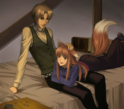 Rule 34 | 00s, 1boy, 1girl, animal ears, bad id, bad pixiv id, bed, brown eyes, brown hair, chimachi, craft lawrence, grey eyes, holo, long hair, silver hair, spice and wolf, tail, vest, wolf ears, wolf tail