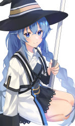 Rule 34 | 1girl, absurdres, black dress, black hat, blue eyes, blue hair, braid, closed mouth, commentary request, dress, hair between eyes, hat, highres, holding, jacket, long hair, long sleeves, looking at viewer, mushoku tensei, open clothes, open jacket, roxy migurdia, shiroserika, shirt, simple background, smile, solo, twin braids, very long hair, white background, white jacket, white shirt, witch hat