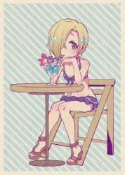 Rule 34 | 1girl, arm support, bare shoulders, bikini, bikini skirt, blonde hair, blush, breasts, brown eyes, chair, commentary, crazy straw, cup, drink, drinking, drinking glass, drinking straw, flower, folding chair, front-tie bikini top, front-tie top, full body, hair over one eye, heart straw, high heels, hurricane glass, ice, ice cube, idolmaster, idolmaster cinderella girls, igaiga, sandals, shirasaka koume, short hair, sitting, small breasts, solo, striped, striped background, swimsuit, table