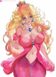 Rule 34 | 1girl, absurdres, alva, bare shoulders, blonde hair, blue eyes, breasts, cleavage, closed mouth, clothing cutout, collar, cowboy shot, crown, dress, earrings, hair between eyes, highres, jewelry, large breasts, lips, long hair, mario (series), navel, navel cutout, nintendo, patreon username, pink dress, pink lips, princess peach, simple background, sketch, smile, solo, standing, super mario bros. 1, wavy hair, white background