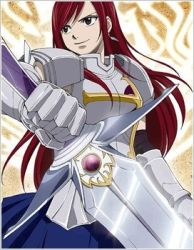 Rule 34 | 1girl, armor, brown eyes, erza scarlet, fairy tail, female focus, long hair, lowres, red hair, solo, sword, weapon