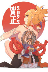 Rule 34 | 1girl, 2022, arm tattoo, ass, back, back tattoo, backboob, bandages, breasts, chinese zodiac, choker, from behind, genshin impact, hair ornament, highres, japanese clothes, kimono, looking back, nengajou, new year, ninjunker, orange eyes, orange hair, orange kimono, simple background, sitting, solo, tattoo, white background, year of the tiger, yoimiya (genshin impact)
