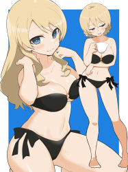 Rule 34 | 1girl, absurdres, arm under breasts, barefoot, bikini, black bikini, blonde hair, blue background, blue eyes, blush, braid, breast hold, breasts, cleavage, closed mouth, collarbone, cup, girls und panzer, hair between eyes, hair down, half-closed eyes, hands up, highres, holding, holding cup, large breasts, long hair, looking at viewer, multiple views, navel, o-ring, o-ring bikini, o-ring bottom, open mouth, outside border, side-tie bikini bottom, side-tie bottom, smile, standing, swept bangs, swimsuit, thighs, white background, yabai gorilla