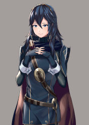Rule 34 | 1girl, ameno (a meno0), bad id, bad twitter id, blue eyes, blue hair, cape, emblem, fingerless gloves, fire emblem, fire emblem awakening, gloves, grey background, hair between eyes, highres, long hair, long sleeves, lucina (fire emblem), nintendo, own hands together, simple background, smile, solo, symbol-shaped pupils, tiara