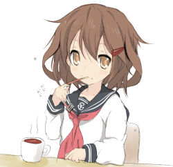 Rule 34 | 10s, 1girl, anchor, brown hair, core (mayomayo), cup, dress, eating, food, food on face, hair ornament, hairclip, ikazuchi (kancolle), kantai collection, looking at viewer, pocky, sailor dress, school uniform, serafuku, short hair, simple background, solo, strawberry pocky