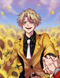 Rule 34 | 2boys, :d, bk works, black shirt, blonde hair, chris redgrave, clip studio paint (medium), day, ear piercing, field, finn oldman, flower, flower field, formal, green eyes, high card, highres, holding hands, male focus, mixed-language commentary, multiple boys, necktie, open mouth, outdoors, petals, piercing, shirt, short hair, smile, striped clothes, striped shirt, suit, sunflower, sunflower field, upper body, white necktie, yellow suit