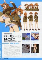 Rule 34 | 00s, 1girl, absurdres, animal ears, ass, blue eyes, breasts, brown hair, character sheet, charlotte e. yeager, highres, huge filesize, large breasts, long hair, looking back, military, military uniform, multiple views, official art, orange hair, panties, profile, rabbit ears, rabbit girl, rabbit tail, strike witches, tail, translated, turnaround, underwear, uniform, world witches series