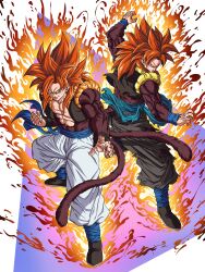 Rule 34 | 2boys, abs, absurdres, arm up, baggy pants, biceps, black footwear, black pants, black vest, black wristband, blue eyes, blue sash, blue wristband, body fur, boots, clenched hand, closed mouth, commentary request, dragon ball, dragon ball gt, dragon ball heroes, dual persona, energy, fire, frown, full body, gogeta, gogeta (xeno), hands up, highres, long hair, looking at viewer, looking to the side, male focus, metamoran vest, mocky art, monkey tail, multiple boys, open clothes, open vest, pants, pectorals, purple background, red fur, red hair, sash, serious, simple background, smile, smirk, spiked hair, super saiyan, super saiyan 4, tail, torn clothes, torn pants, torn vest, two-tone background, v-shaped eyebrows, vest, white background, white pants, wristband