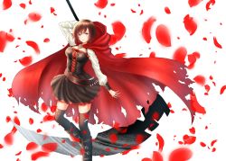 Rule 34 | absurdres, boots, breasts, cape, cleavage, gothic lolita, highres, lolita fashion, ruby rose, rwby, scythe, short hair, grey eyes, skirt, thighhighs