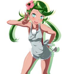 Rule 34 | 1girl, :d, alternate color, apron, aqua eyes, arm up, armpits, bare shoulders, breasts, creatures (company), danpu, dark-skinned female, dark skin, flower, game freak, green hair, hair flower, hair ornament, hand on own hip, highres, ladle, leaning forward, looking at viewer, mallow (pokemon), medium breasts, nintendo, open mouth, overalls, pink shirt, pokemon, pokemon sm, salute, shiny skin, shirt, simple background, sleeveless, sleeveless shirt, smile, solo, swept bangs, trial captain, twintails, two-finger salute, white background