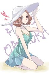 Rule 34 | 1girl, bare arms, bare legs, bare shoulders, between legs, breasts, brown eyes, brown hair, chako (p4amg1208), character name, cleavage, dress, dress swimsuit, full body, hand between legs, hat, heart, highres, looking at viewer, medium breasts, official alternate costume, okumura haru, one-piece swimsuit, persona, persona 5, polka dot, polka dot swimsuit, short hair, smile, solo, sundress, swimsuit, wavy hair, white hat