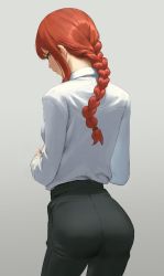 Rule 34 | 1girl, ass, athenawyrm, back, back focus, braid, breasts, chainsaw man, formal, from behind, highres, long hair, looking at viewer, looking back, makima (chainsaw man), medium breasts, orange eyes, pants, red hair, sideboob, single braid, solo, tight clothes, tight pants
